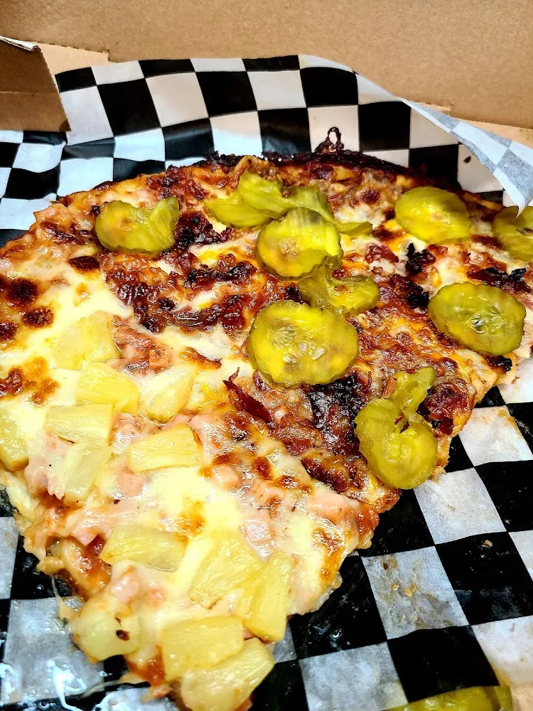 Half Bacon Cheeseburger Pizza Half Hawaiian Pizza